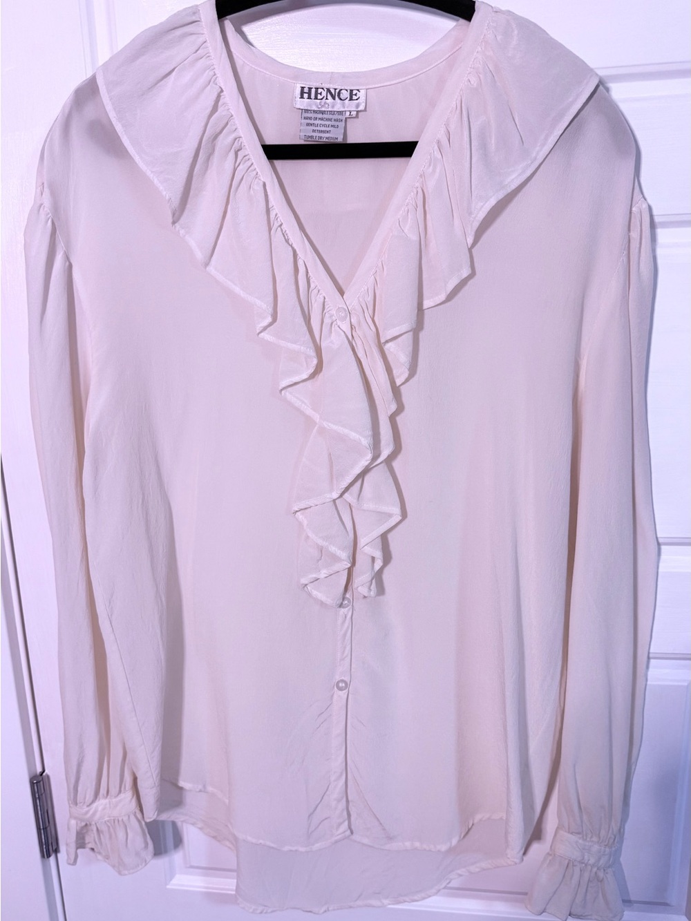 100% silk Ivory Ruffle V-Neck and cuffs Blouse.